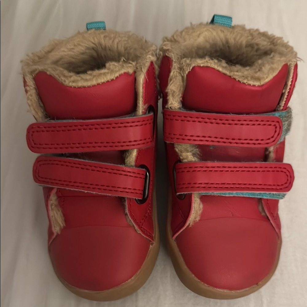 Ten Little Toddler Red and Tan Winter Boots with Velcro Straps and Plush Lining